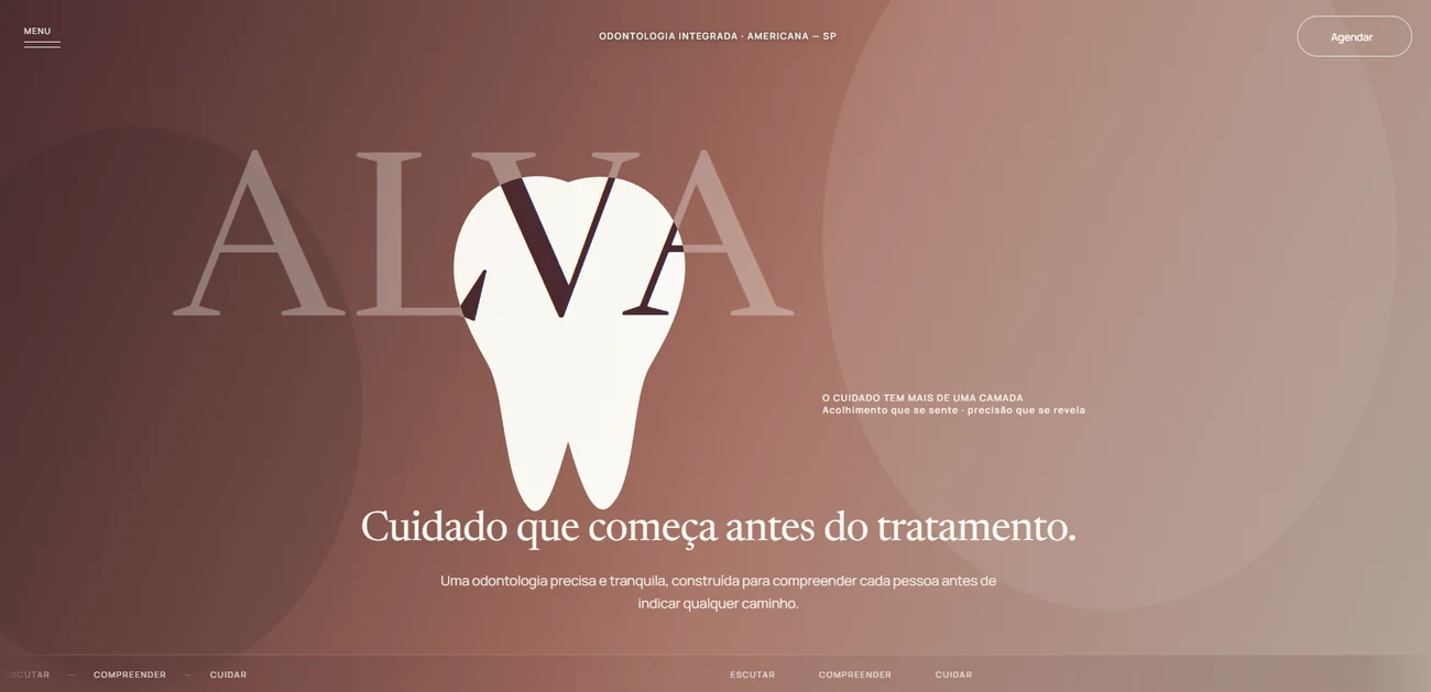 Conceito ALVA de odontologia, com composição em tons terrosos e a chamada Cuidado que começa antes do tratamento.